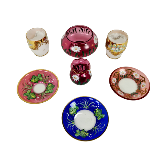 Boheems Glas - Moser Stijl - Handbeschilderd - Emaillen - 24k Verguld - Kristalglas - 7 Delig - 1