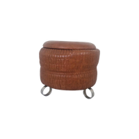 Vintage Mid Century Poef Bruin Met Chroom Poten.