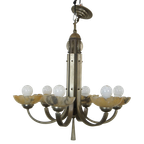 Luxe Antieke Messing Art Deco Kroonluchter Met Albasten Kuipjes Uit Begin 1900 thumbnail 1
