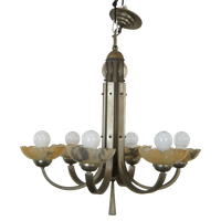 Luxe Antieke Messing Art Deco Kroonluchter Met Albasten Kuipjes Uit Begin 1900
