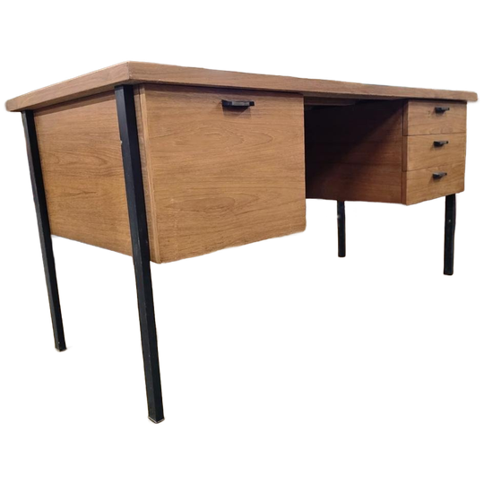 Vintage Houten Bureau Met Zwart Stalen Frame 1