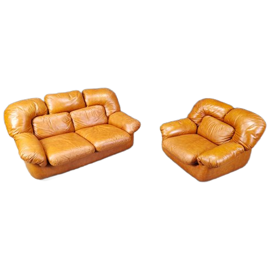 Mid Century Italian Leather Sofa Set By Ercole Biella For Grappeggia, 1970s 1