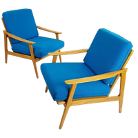 2 Blauwe Fauteuils | Wollen Ploegstof Kobalt Blauw Vintage