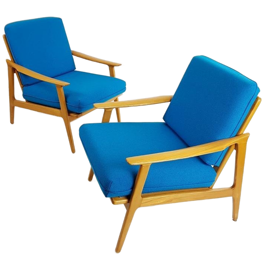 2 Blauwe Fauteuils | Wollen Ploegstof Kobalt Blauw Vintage 1