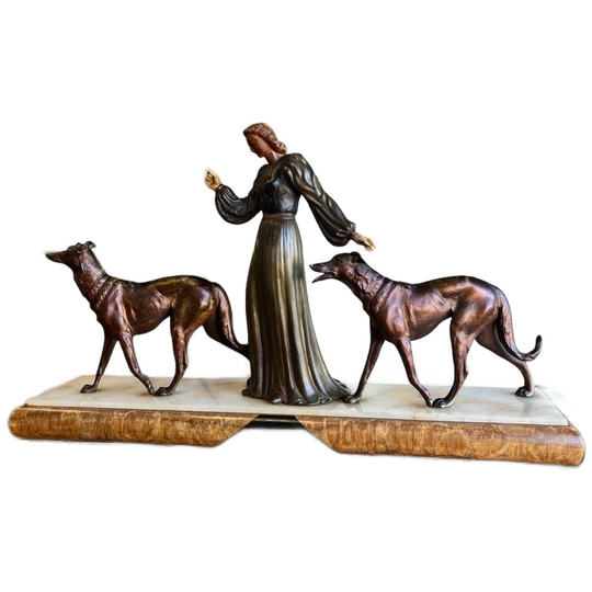 Vintage Art Deco Beeld: Vrouw Met 2 Honden 1