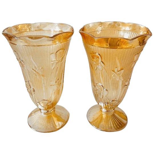 Vintage Paar Jeanette Carnival Glas Perzik Vazen Art Deco 1930’s 1
