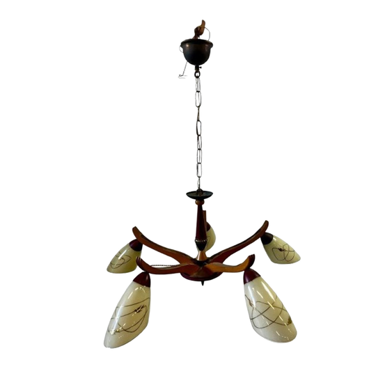 Vintage Rockabilly Luster / Hanglamp Met Hout / Opaline 1