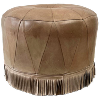 Vintage Ronde Poef Van Grijs / Bruin Leer Met Franjes