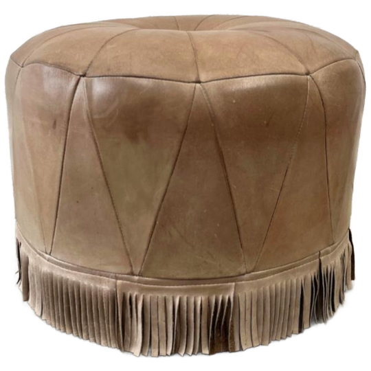 Vintage Ronde Poef Van Grijs / Bruin Leer Met Franjes 1