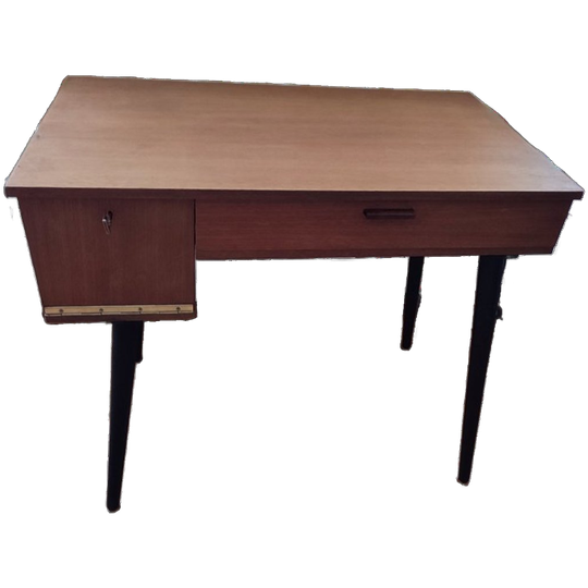 Vintage Houten Bureau Op Zwarte Poten Met Lade En Kastje 1