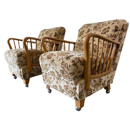 Set Van 2 Vintage Houten Eenzitten / Fauteuils / Clubzetels 1