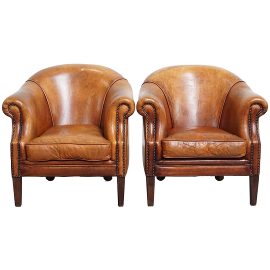 Comfortabele Set Van 2 Clubfauteuils Gemaakt Van Schapenleer Met Een Prachtige Kleurstelling 1