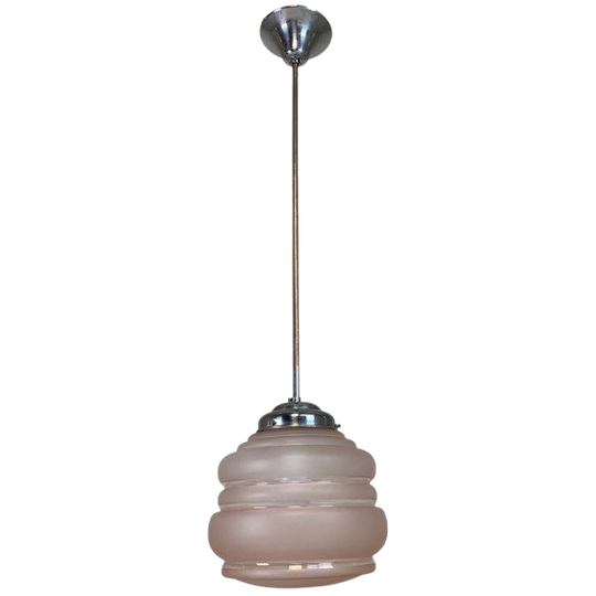 Art Deco Hanglamp Met Roze Glazen Kap, Jaren 30 1