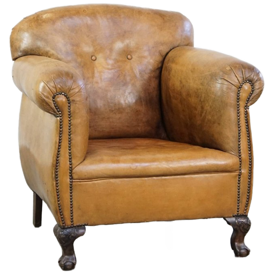 Unieke Antieke Fauteuil Gemaakt Van Schapenleer Met Mooie, Sierlijke Pootjes 1