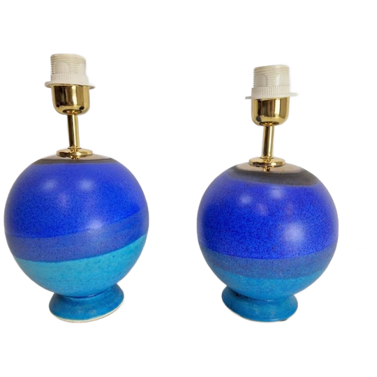 Set 2 Vintage Keramiek Tafellamp France Regency 1980 Blauw 1