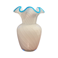 Vintage Murano Stijl Vaasje Van Wit Glas Met Blauwe Rand 60S / 70S