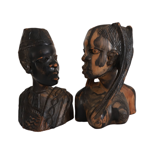 Vintage Afrikaanse Ebbenhouten Bustes, Man En Vrouw.