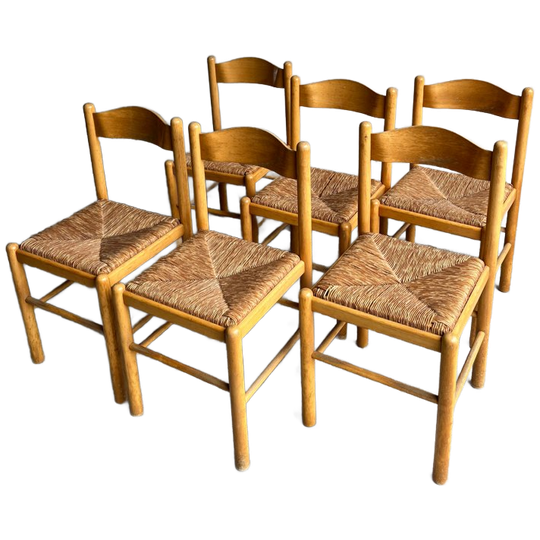 Set Of 6 Vintage Wooden Chairs With Rush Seats 1