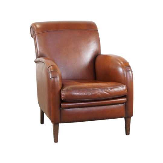 Luxe Cognac-kleurige Schapenleren Armchair Met Ronde Vormen En Een Uniek Design 1