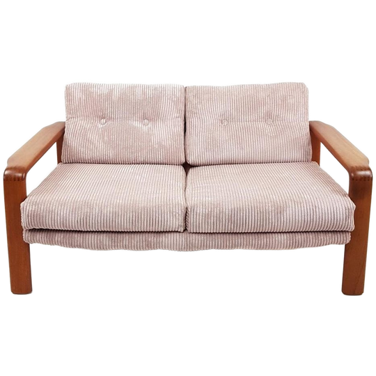 Vi Tage Teak Houten Bankje | Roze Ribstof | Licht Roze Bank 1