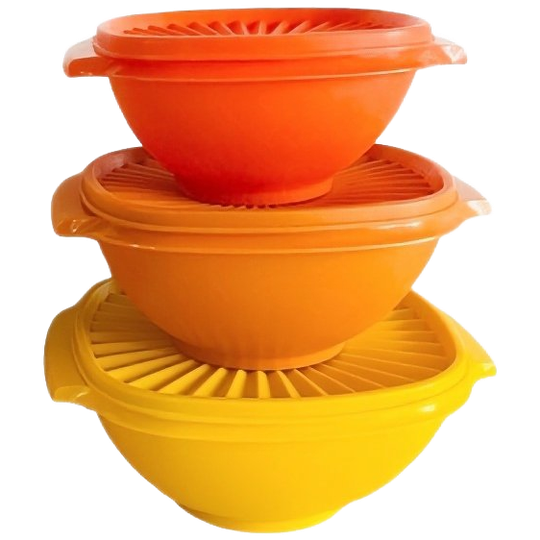 Vintage Tupperware Vierkante Kommen Servalier Met Starburst Deksel Oogstkleuren 1970’s 1