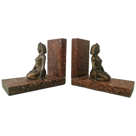 Art Deco Egyptian Revival Brons En Marmeren Boekensteunen 1
