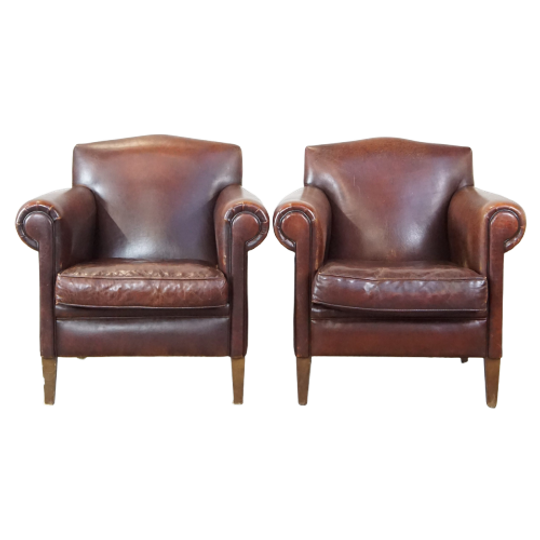 Set Van 2 Prachtige, Strak Afgewerkte Design Fauteuils/ Armchairs Gemaakt Van Schapenleer 1