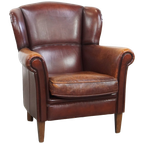 Karaktervolle Schapenleren Oorfauteuil Met Een Donkere Warme Kleurstelling En Een Prachtig Patina thumbnail 1