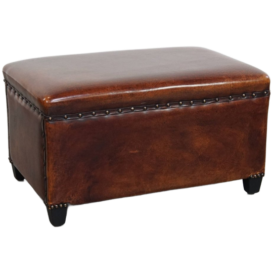 Cognac-Kleurige Schapenleren Hocker Met Siernagels 1