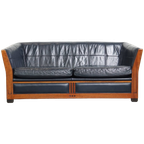 Luxe 2.5-zits Schuitema Art Deco Design Bank Met Mooi Houtwerk En Donkerblauw Rundleer thumbnail 1