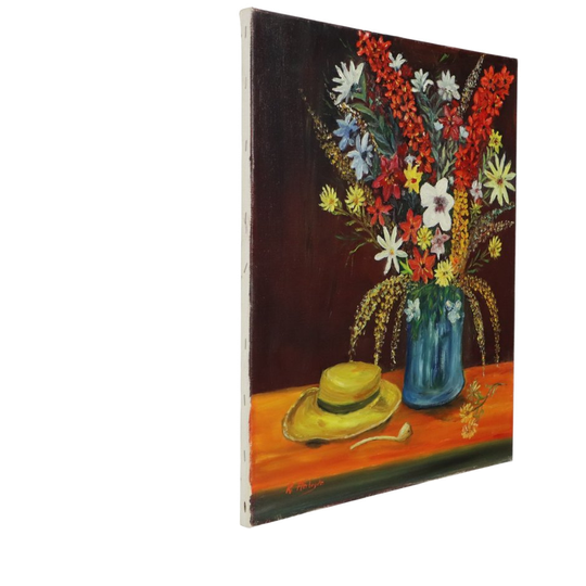 Bloemen Met Hoed Stilleven Schilderij Gesigneerd 60x50cm 1