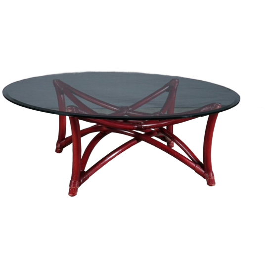 Vintage Manou/bamboe Salontafel Met Glazen Blad – Jaren 80 1