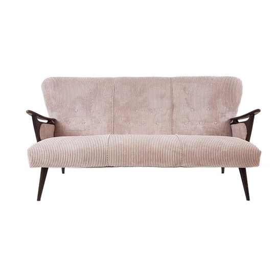 Vintage Bankje Teakhout | Roze Bankje Nieuw Gestoffeerd 1