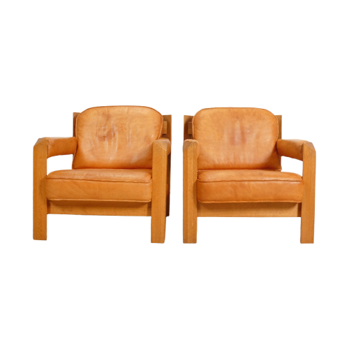 2 Oak Danish Armchairs In Cognac Leather - Skilla-