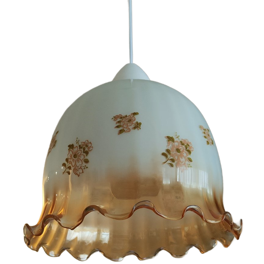 Vintage Glazen Hanglamp – Amber & Bloemen – Jaren '70 Stijl 1