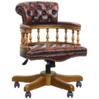 Bruine Klassieke In Hoogte Verstelbare Rundleren En Houten Chesterfield Bureaustoel Op Wieltjes thumbnail 1