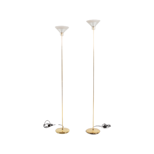 Pair Of Italian Golden Floor Lamps With Glass Shade, 1970’s 1