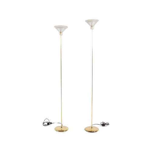 Pair Of Italian Golden Floor Lamps With Glass Shade, 1970’S
