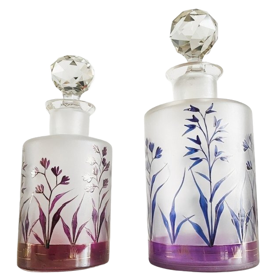 Antieke Moser Kristal Parfumflesjes Set Art Nouveau Gebrand Emaille 19de Eeuw 1