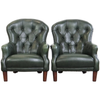 Zeer Charmante Set Van 2 Groene Rundleren Chesterfield Fauteuils In Engelse Stijl