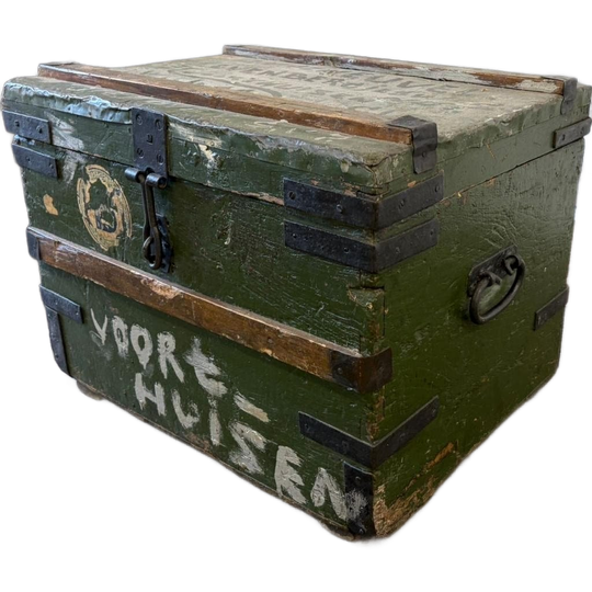 Vintage Houten Industriële Groene Kist / Reiskoffer 1