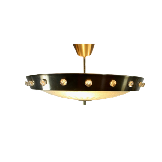 Vintage 70’s Hanging Pendant With Glass Bottom And Metal Brim 1