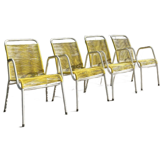 4x Vintage Spaghetti Tuinstoelen Wit/ Geel Stapelbaar 1