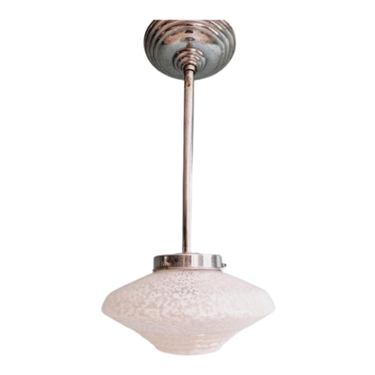 Art Deco Hanglamp In Wit Gespikkeld Glas, Jaren 30 1