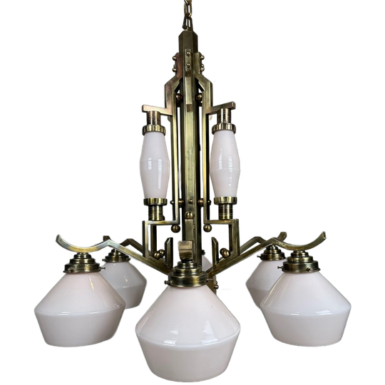 Art Deco Kroonluchter – Opaline En Messing 1