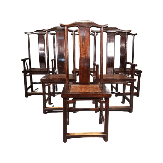6 X Vintage Oriental Asian Chinese Brown Tallback Yokeback Side Chairs. 2 X Armchair / 4 X Withou 1