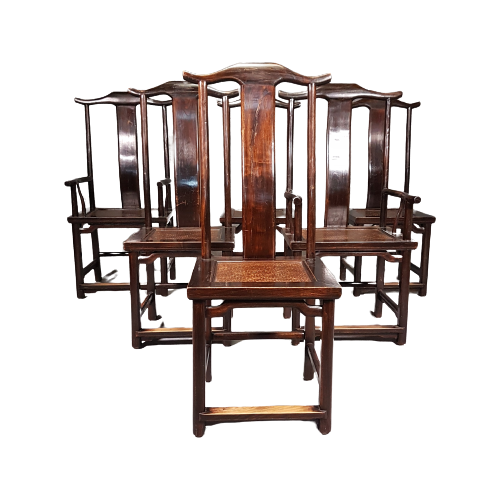 6 X Vintage Oriental Asian Chinese Brown Tallback Yokeback Side Chairs. 2 X Armchair / 4 X Withou