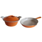 Vintage Franse Le Creuset Cousances Oranje Kleine Geëmailleerde Gietijzeren Braadpan En Kleine Pot thumbnail 1