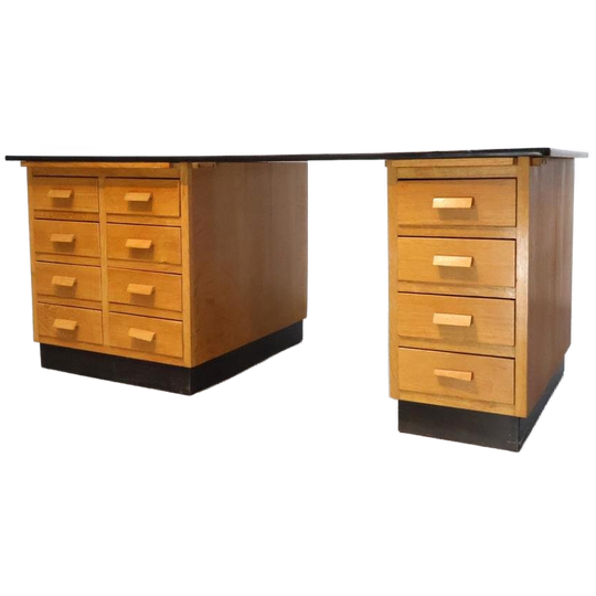 Groot Vintage Dubbelzijdig Bureau Eiken 1