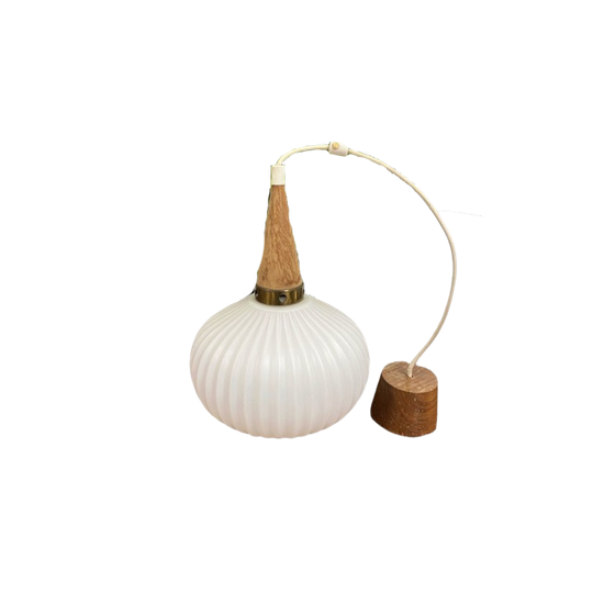 Louis Kalff Opaline & Teak Hanglamp 1
